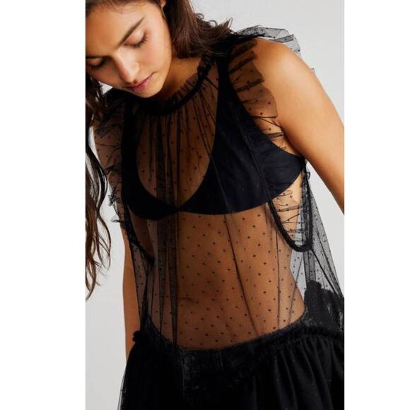NWT Free people MIA Mesh Tiered Maxi Top $148 Large Black Dropped Waist Ruffled - Picture 2 of 6